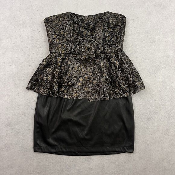 BCBG Mini Dress Womens Size 6 Strapless Metallic Faux Leather Lace Peplum NEW - Picture 11 of 14